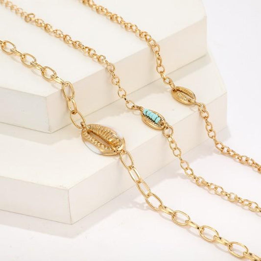 Turquoise Sea-Shell 3 Piece Bracelet Set in 14K Gold   - ALILY