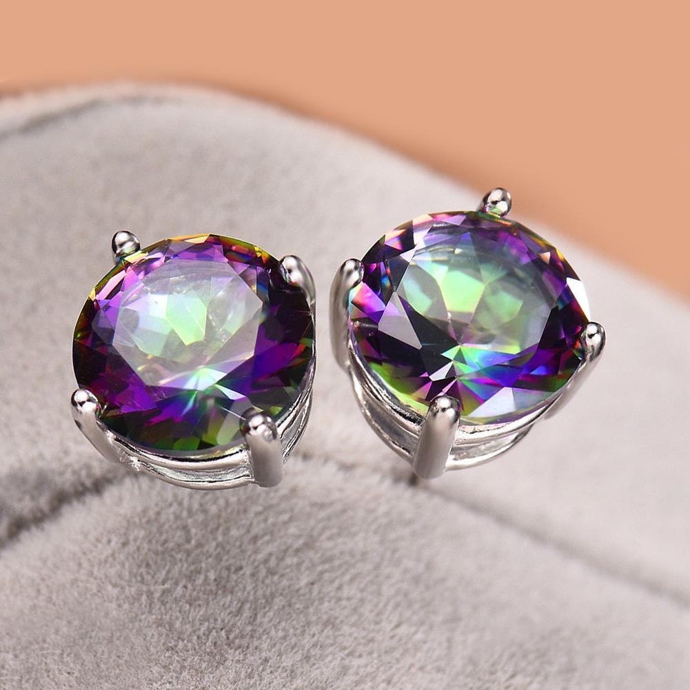 Mystic Topaz Embellished with  Crystals 7mm Stud Earringin 18K White Gold Plated