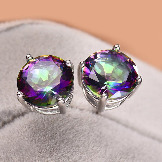 Mystic Topaz Embellished with  Crystals 7mm Stud Earringin 18K White Gold Plated