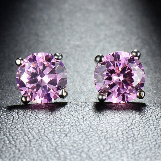 Pink Topaz Onyx Embellished with  Crystals 7mm Stud Earringin 18K White Gold Plated