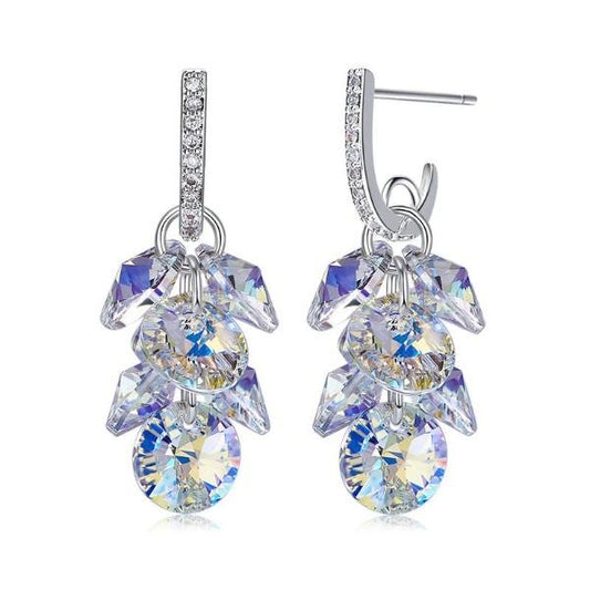 Aurora Borealis  Dangling Cluster Grapevine Earrings in 14K White Gold