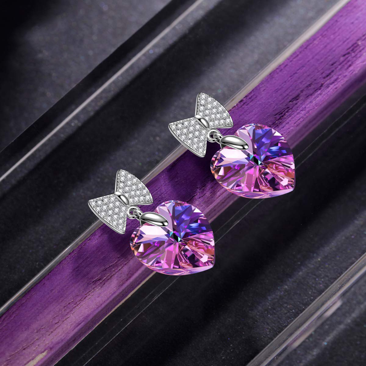 Changing Rainbow Stone Bowtie Heart Drop Earring   - ALILY