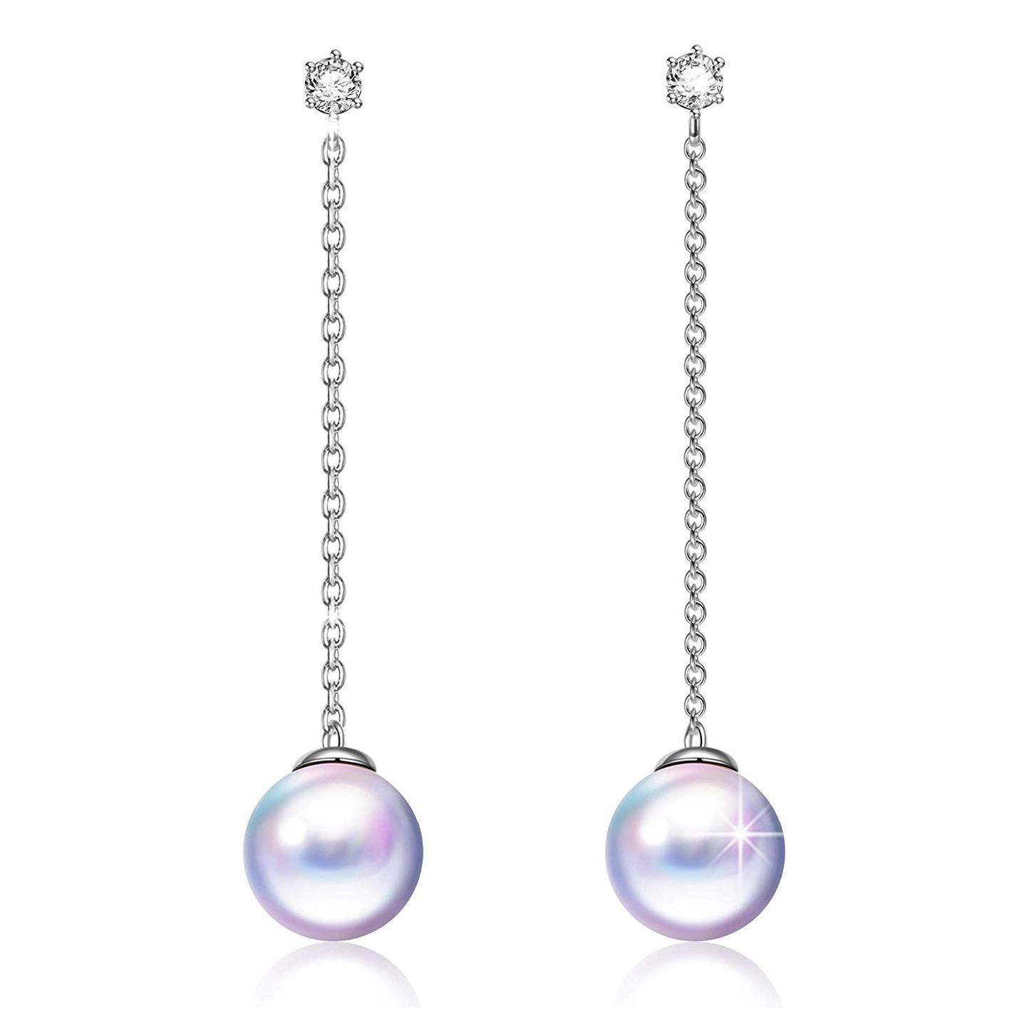 Dangling Mock Pearl Crystal Earrings in 14K White Gold
