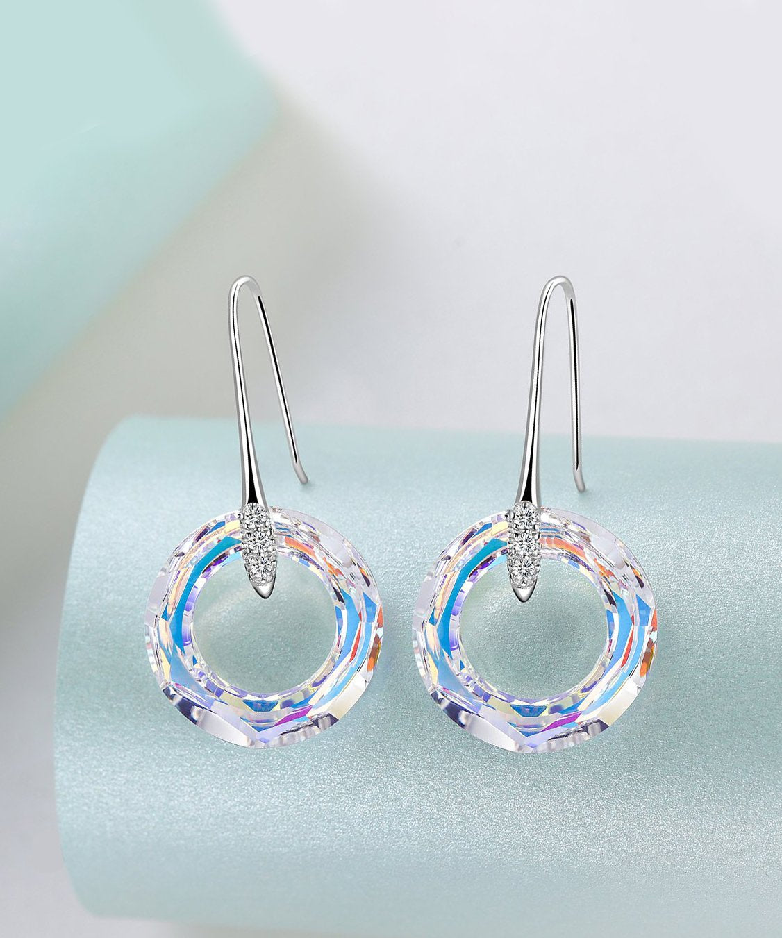 Enlightening Dangle Earrings With Austrian Crystals - Aurora Boreale in 18K White Gold Plated