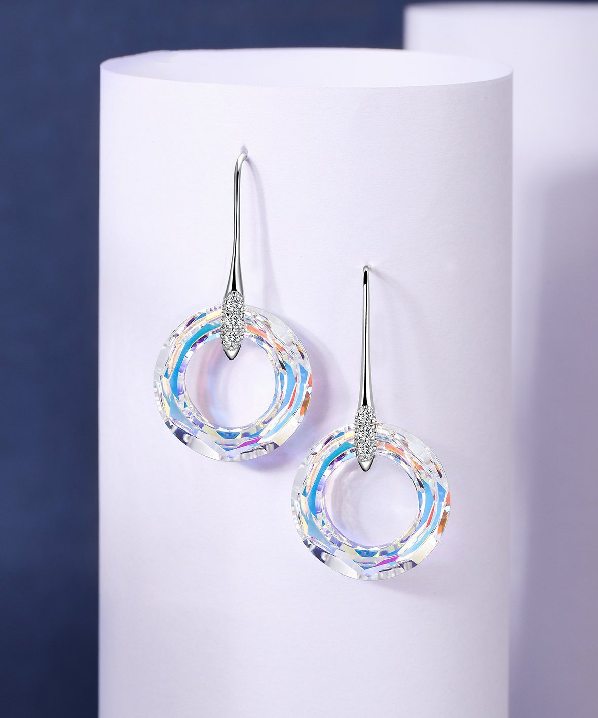 Enlightening Dangle Earrings With Austrian Crystals - Aurora Boreale in 18K White Gold Plated