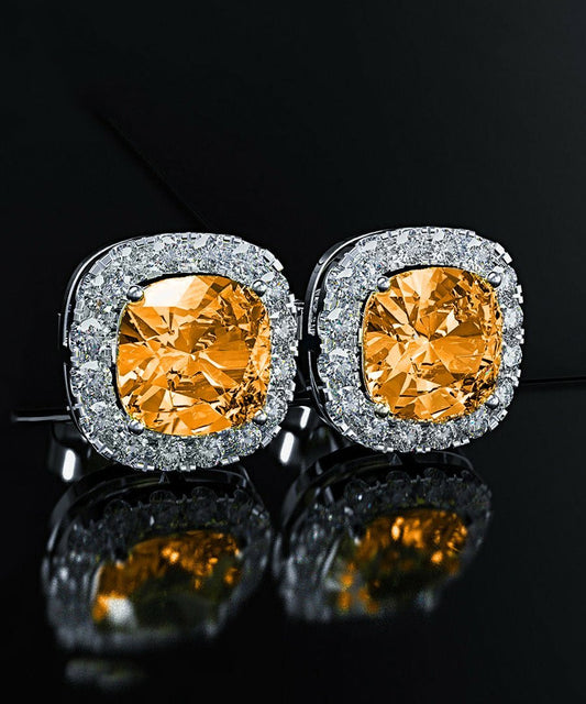 Princess Halo Cut Stud Earring With Austrian Crystals - Orange in 18K White Gold Plated