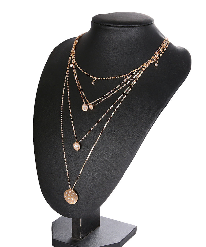 Multi-Layered Crystal Pa've Discs Statement Necklace in 14K Gold Plating