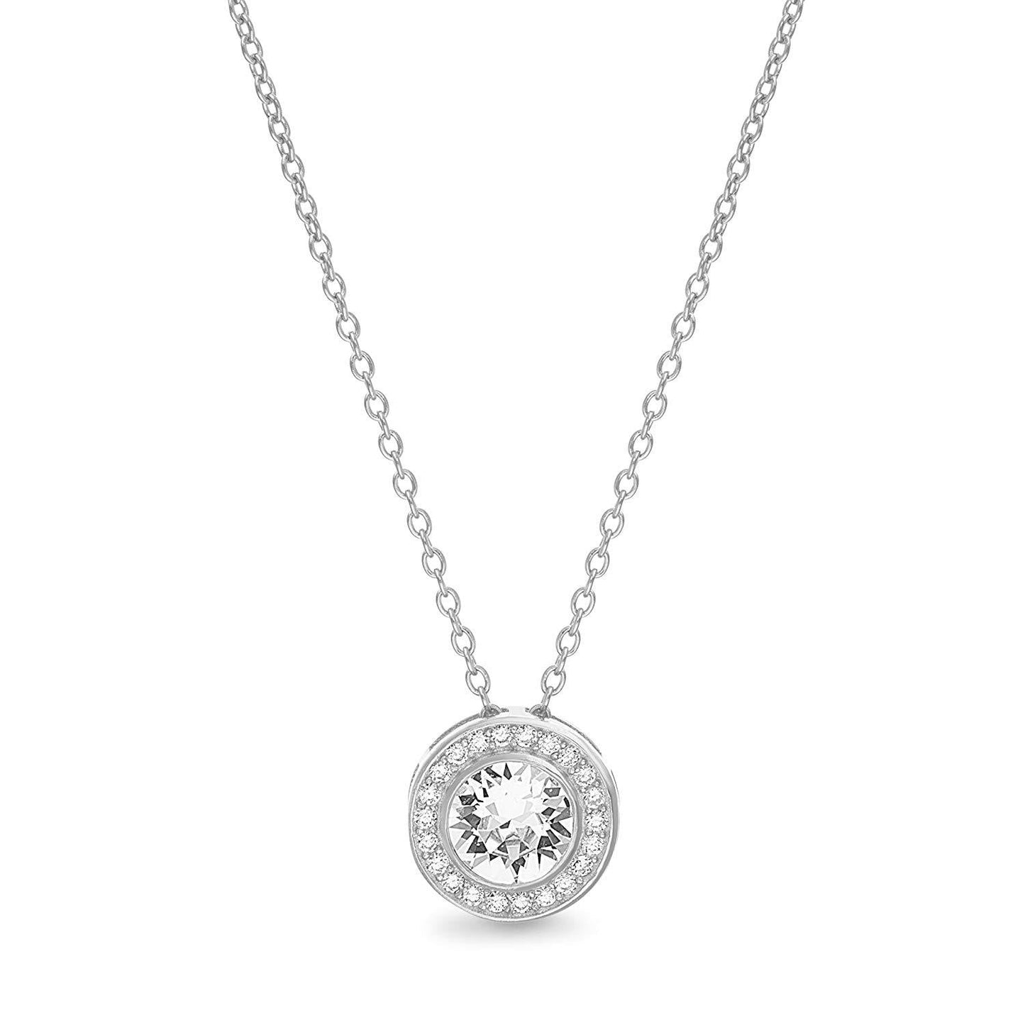 Pave Halo Disc Necklace & Stud Earring With Austrian Crystals with Luxe Box - 18K White Gold