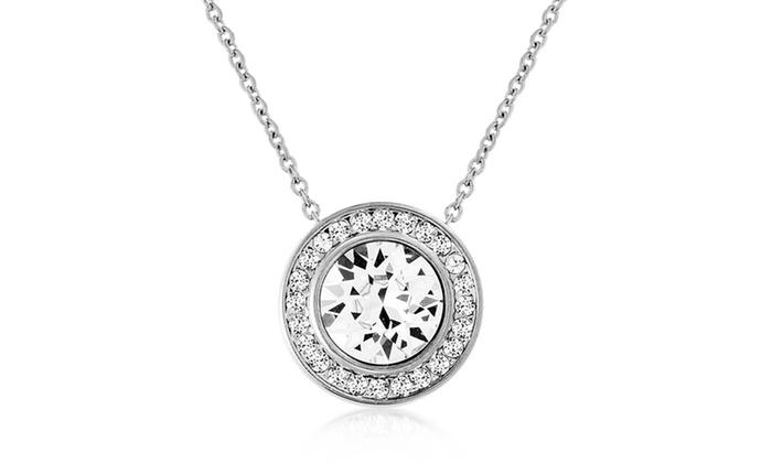 Pave Halo Disc Necklace & Stud Earring With Austrian Crystals with Luxe Box - 18K White Gold