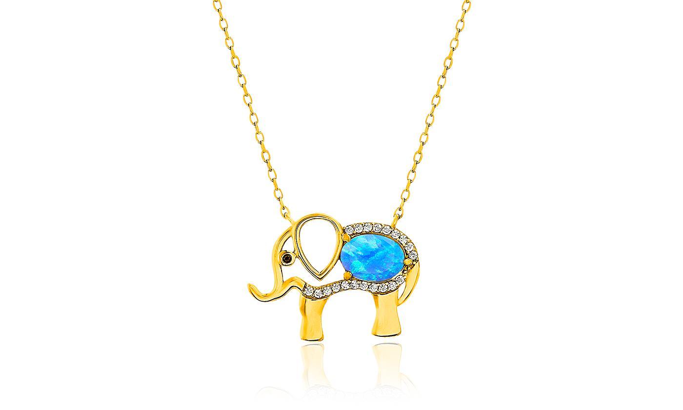 Opal Created Elephant Necklace with  Crystals 18" -  Gold