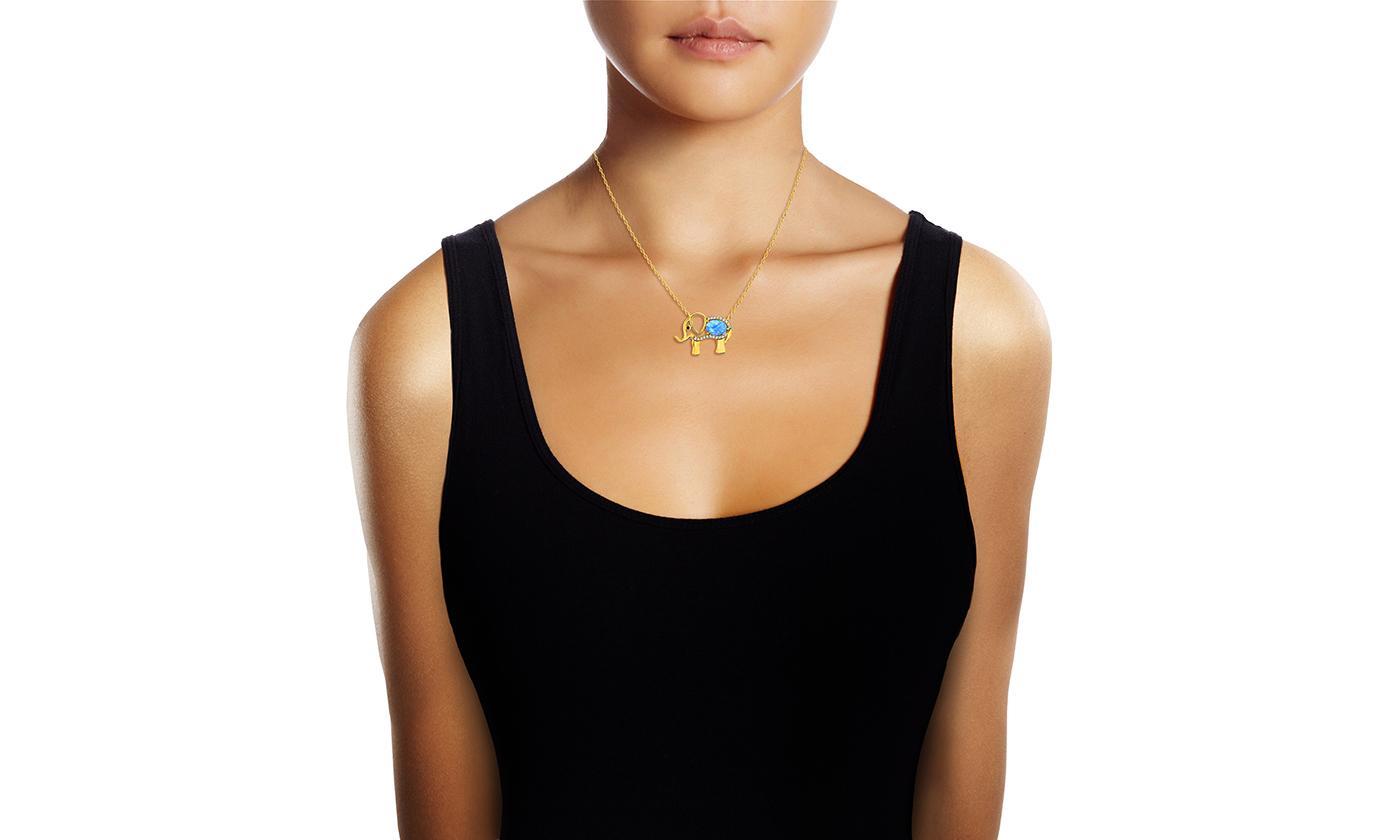 Opal Created Elephant Necklace with  Crystals 18" -  Gold