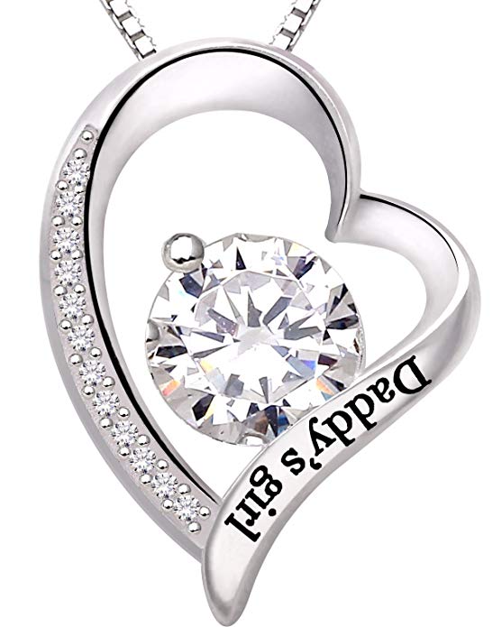White  Elements Pav'e Daddy's Girl Heart Shaped Necklace in 14K White Gold Plating