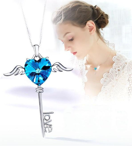 Heart Shaped Blue  Elements Dangling Key Necklace in 14K White Gold