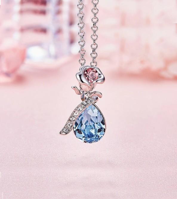 Pink  Elements Teardrop Pear Cut Pav'e Floral Necklace in 14K White Gold