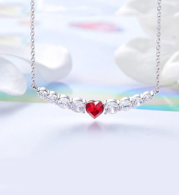 Red Heart Shaped  Elements Orchid Pav'e Necklace in 14K White Gold