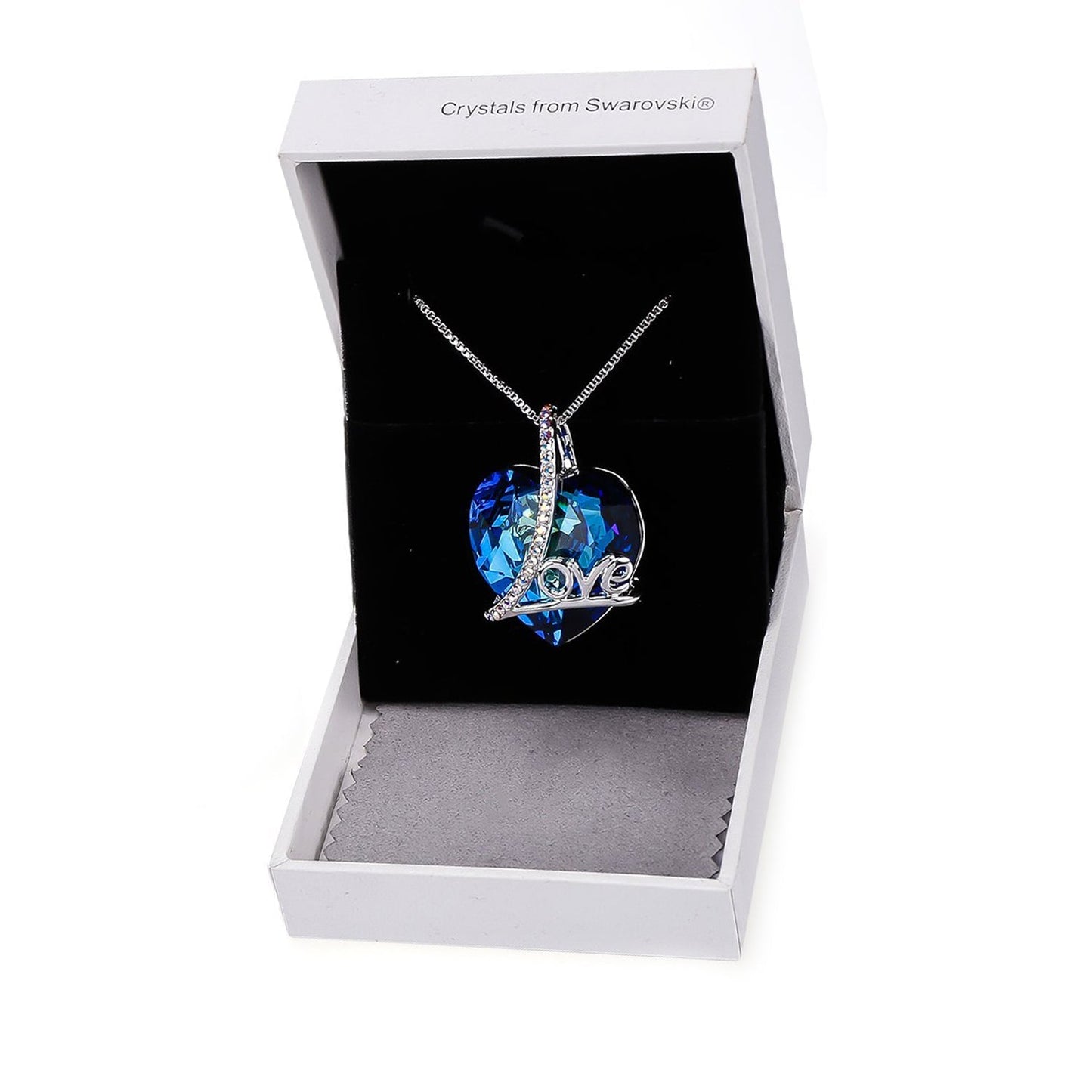 Classic Blue Love Heart Necklace in Rhodium Plating