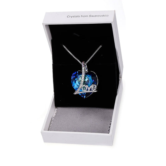 Classic Blue Love Heart Necklace in Rhodium Plating