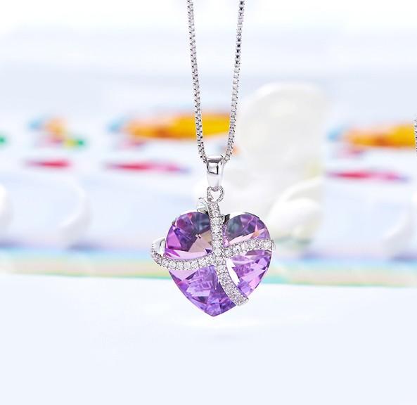Pink  Sleek Heart Pav'e Lining Necklace in 14K White Gold