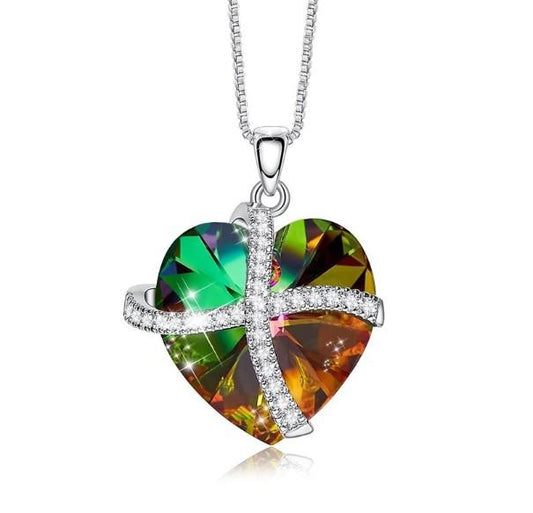 Rainbow  Sleek Heart Pav'e Lining Necklace in 14K White Gold
