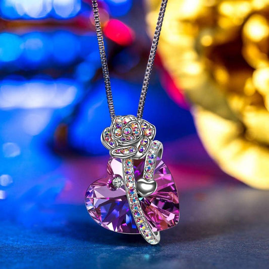 Iridescent Amethyst Gemstone Crystal Rose Heart Necklace in 14K White Gold Plated