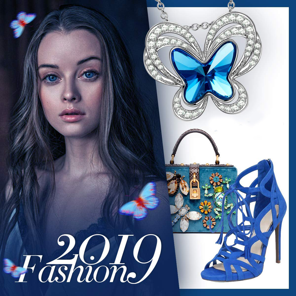 Bermuda Blue Flying Butterfly Pav'e Necklace