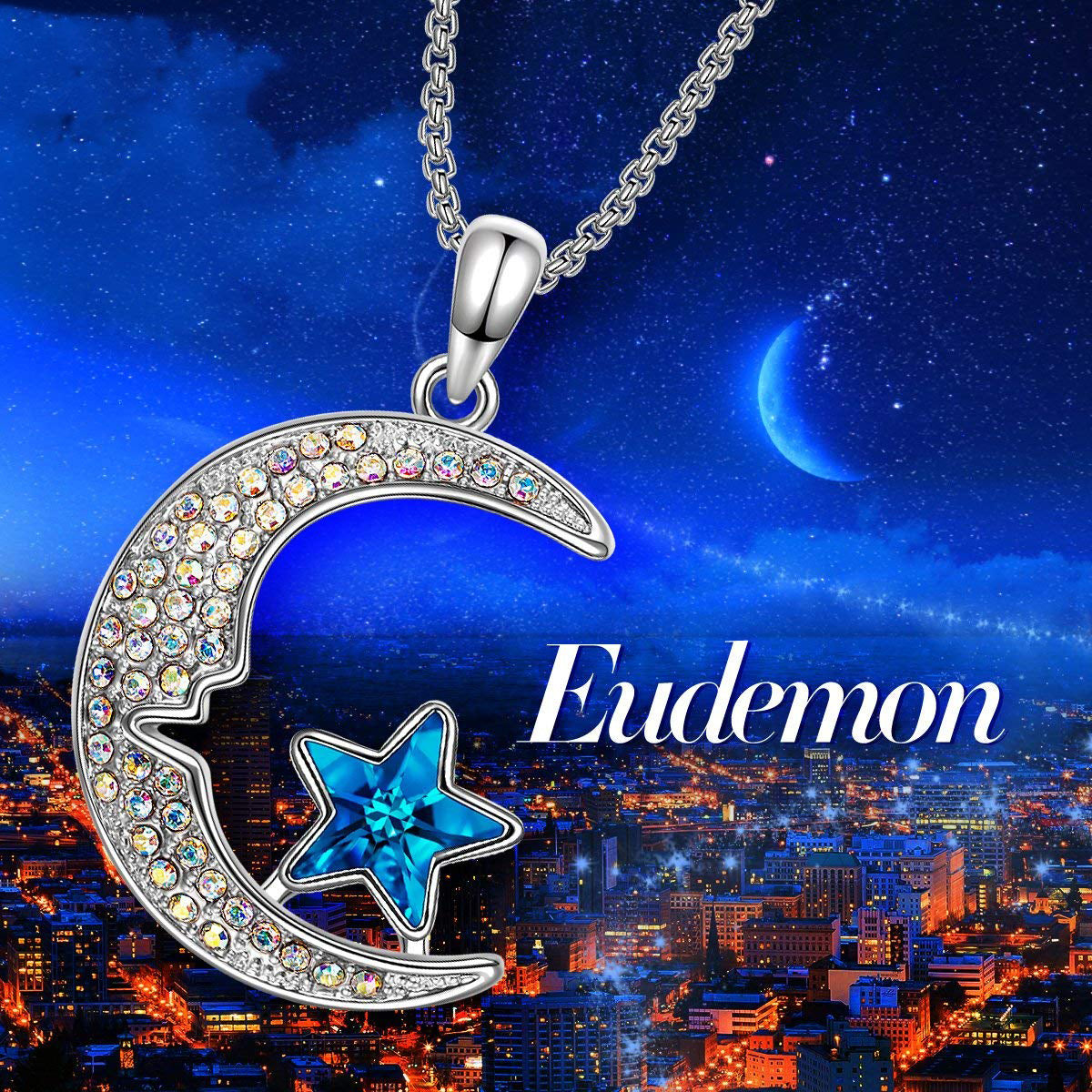 Aurora Borealis Stars & Moon Pav'e Pendant Necklace in 14K White Gold