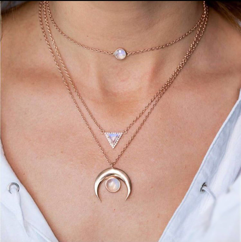 Opal Thai Inspired Crescent 3 Piece Statement Necklace in 14K Gold Plating