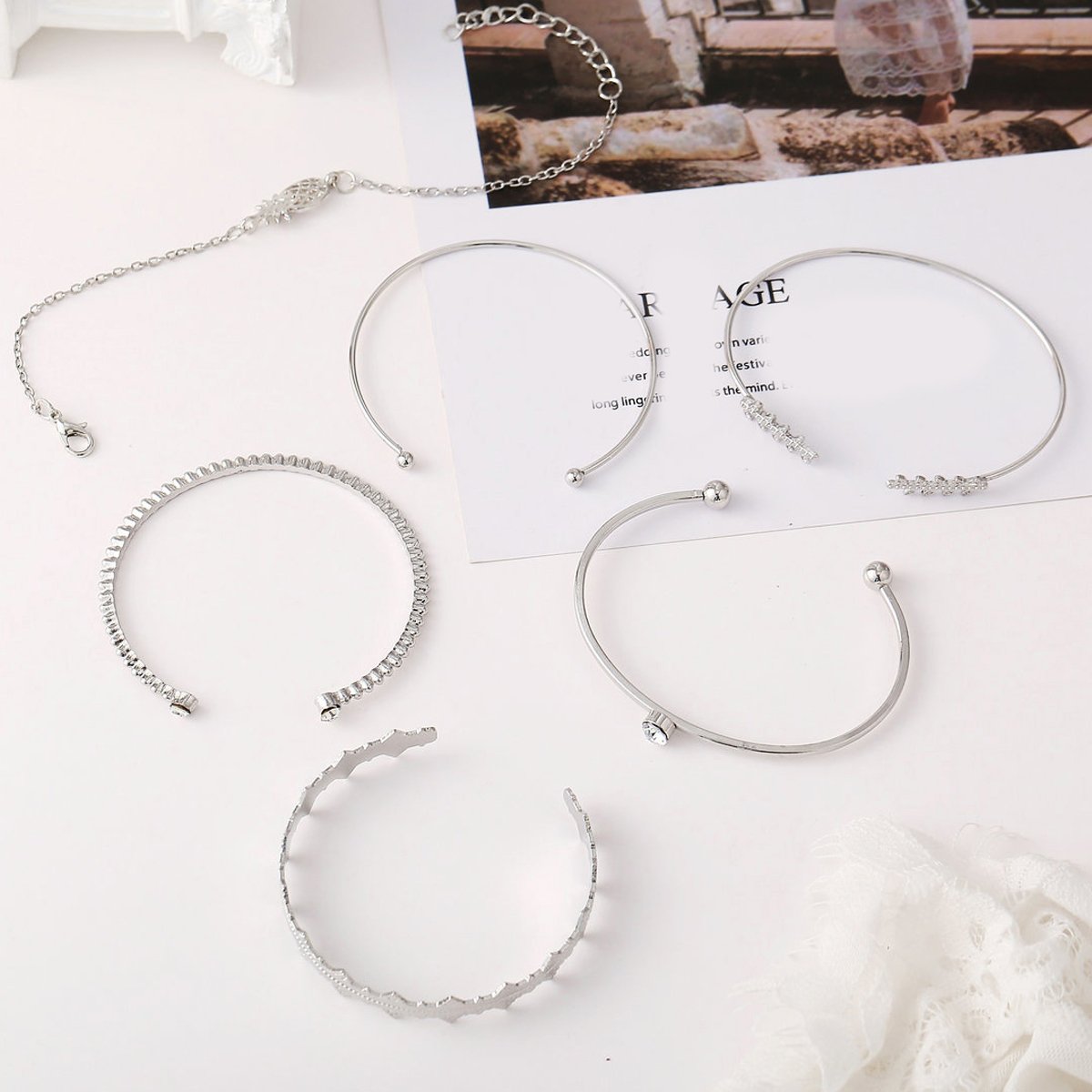 6 Piece Geometric Bangle Set With Austrian Crystals 18K White Gold Plated Bracelet