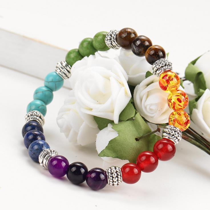 7 Natural Stone Stretch 18K White Gold Plated Bracelet