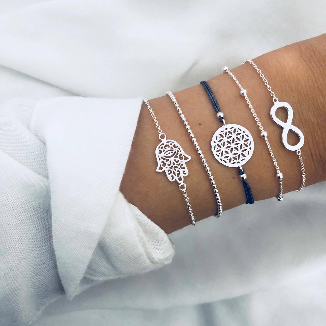 5 Piece Hamsa Infinity Bracelet Set 18K White Gold Plated Bracelet