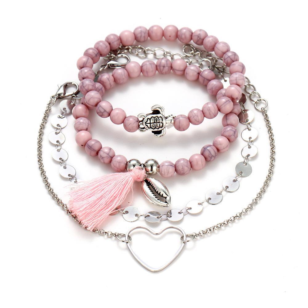 4 Piece Pink Tassell Bracelet Set 18K White Gold Plated Bracelet