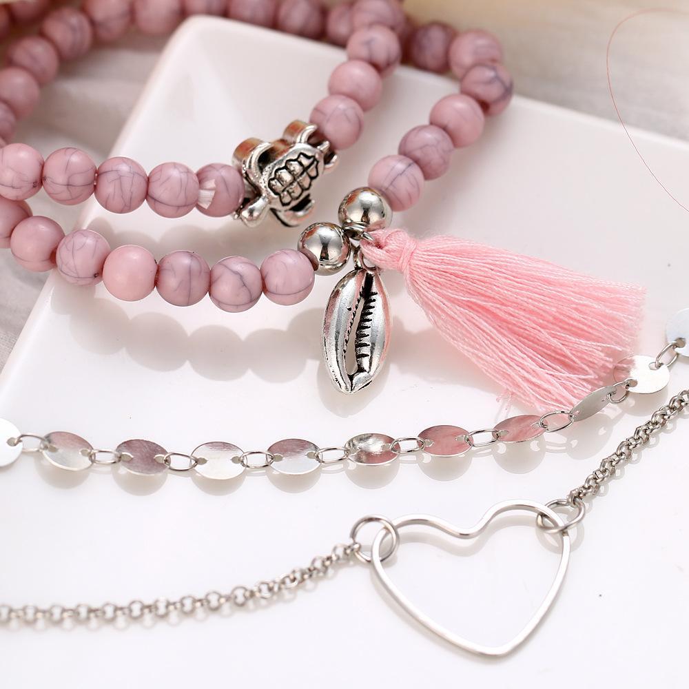 4 Piece Pink Tassell Bracelet Set 18K White Gold Plated Bracelet