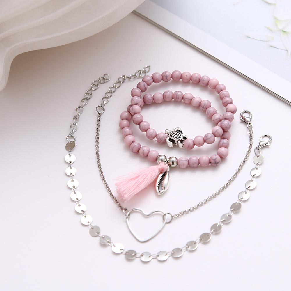 4 Piece Pink Tassell Bracelet Set 18K White Gold Plated Bracelet