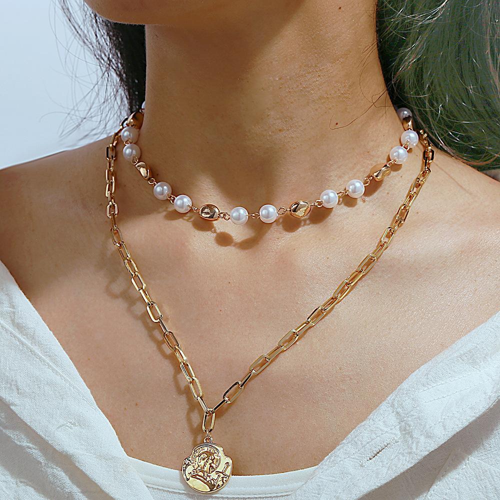 2 Piece Pearl Coin Head Necklace 18K Gold Plated Necklace