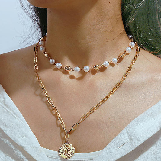 2 Piece Pearl Coin Head Necklace 18K Gold Plated Necklace