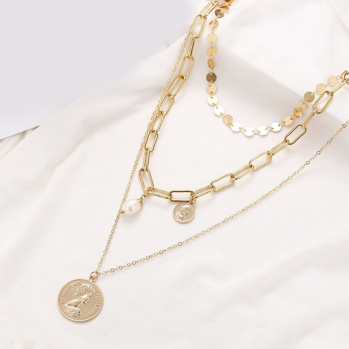 3 Piece Coin Pearl Necklace 18K Gold Plated Necklace in 18K Gold Plated