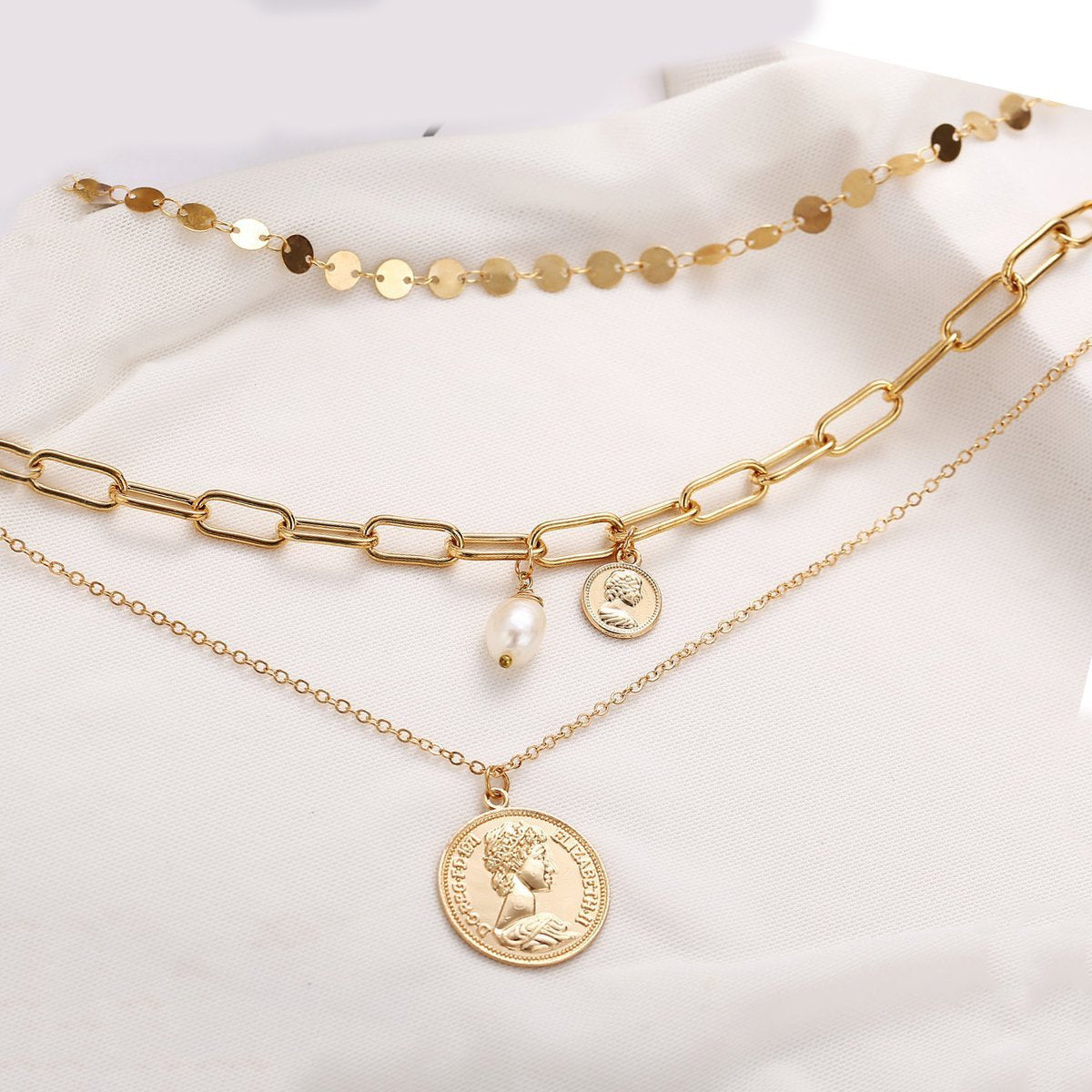 3 Piece Coin Pearl Necklace 18K Gold Plated Necklace in 18K Gold Plated