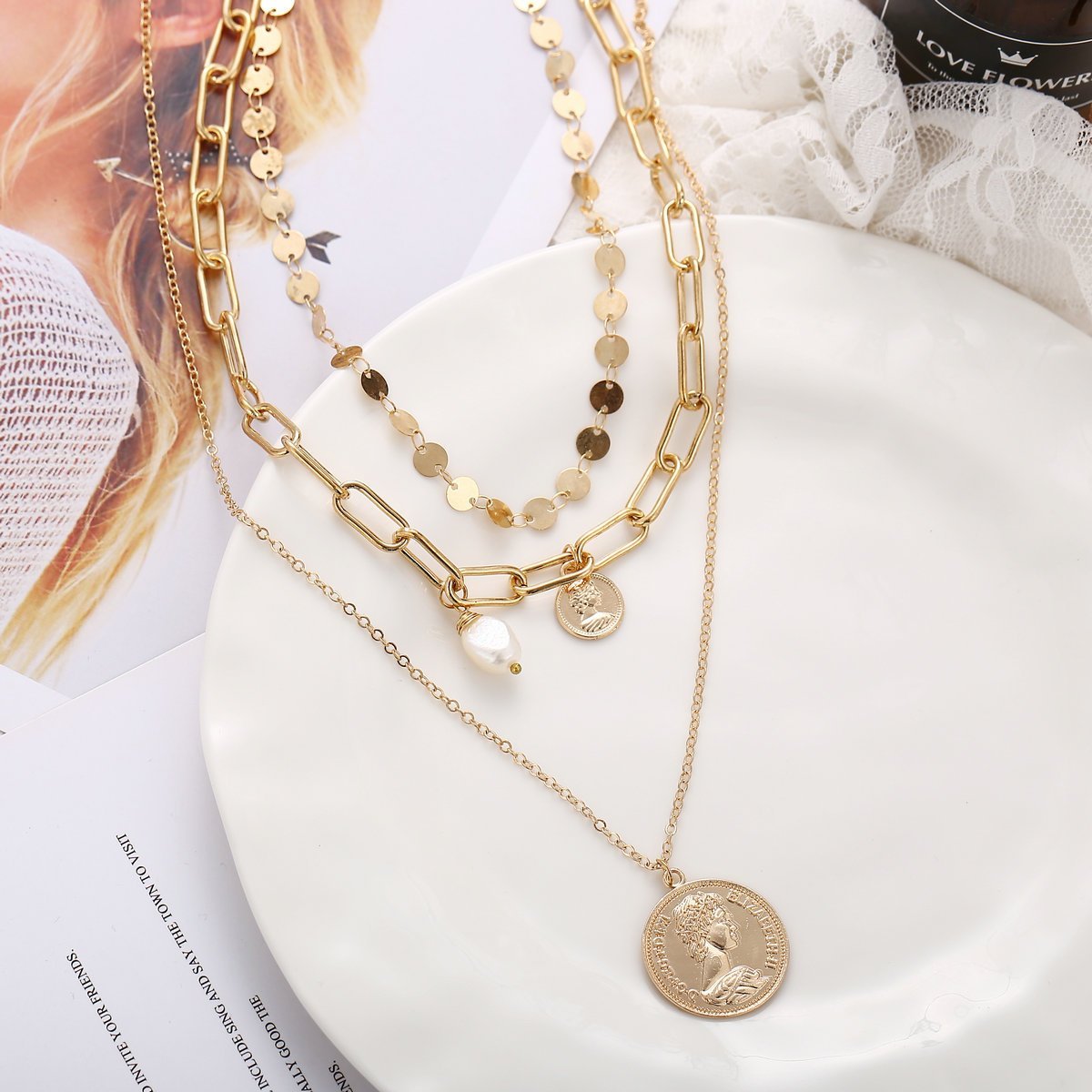 3 Piece Coin Pearl Necklace 18K Gold Plated Necklace in 18K Gold Plated
