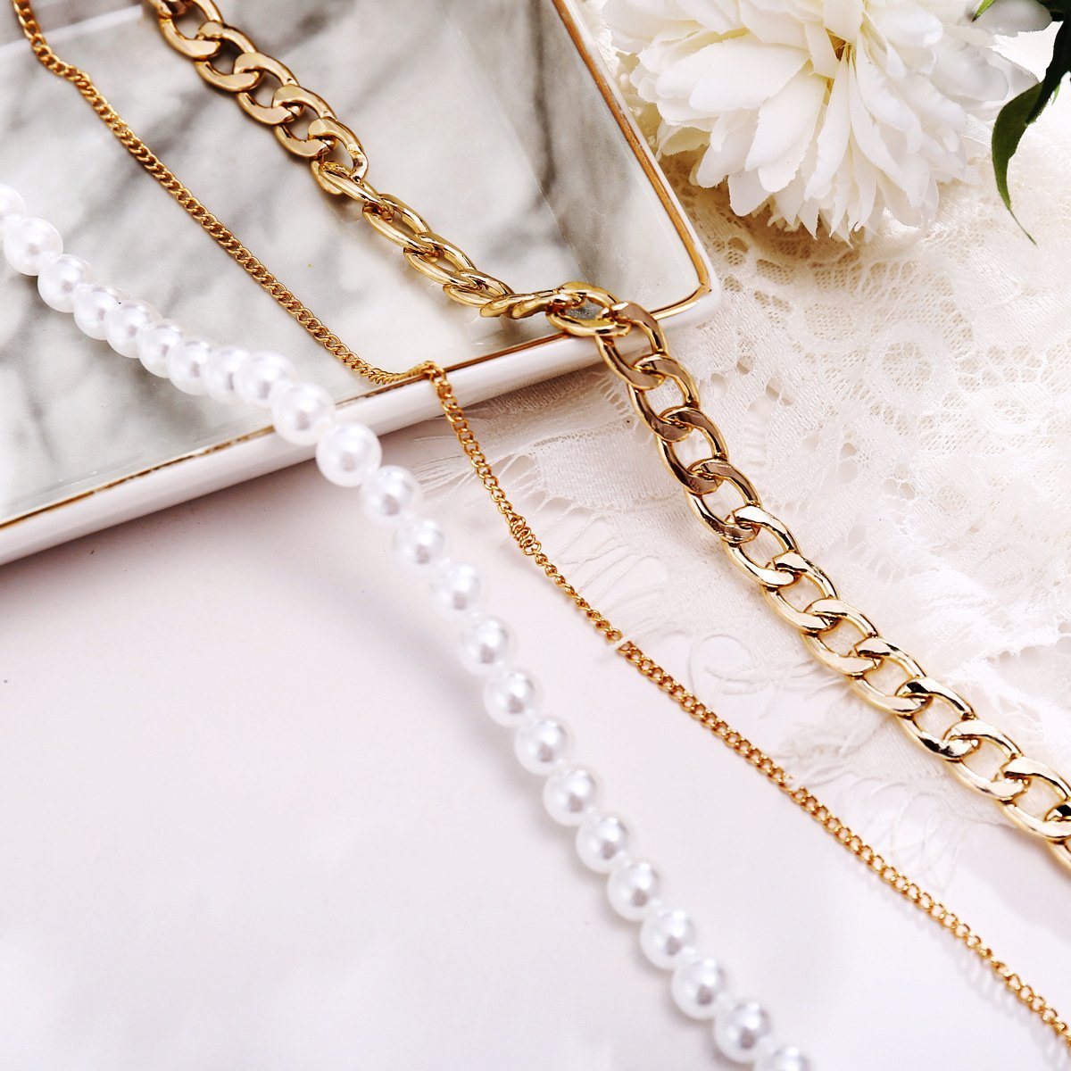 Pearl and Curb 3 Piece Layer 18K Gold Plated Necklace in 18K Gold Plated