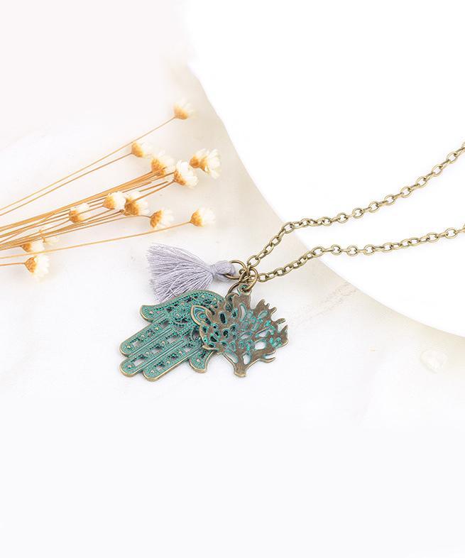 Hamsa Tree of Life Tassell 18K Gold Plated Necklace in 18K Gold Plated
