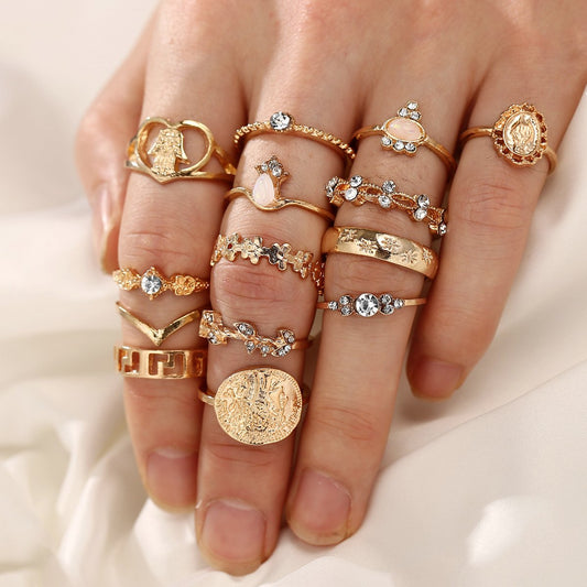 15 Piece Assorted Ring Set With Austrian Crystals 18K Gold Plated Ring in 18K Gold Plated