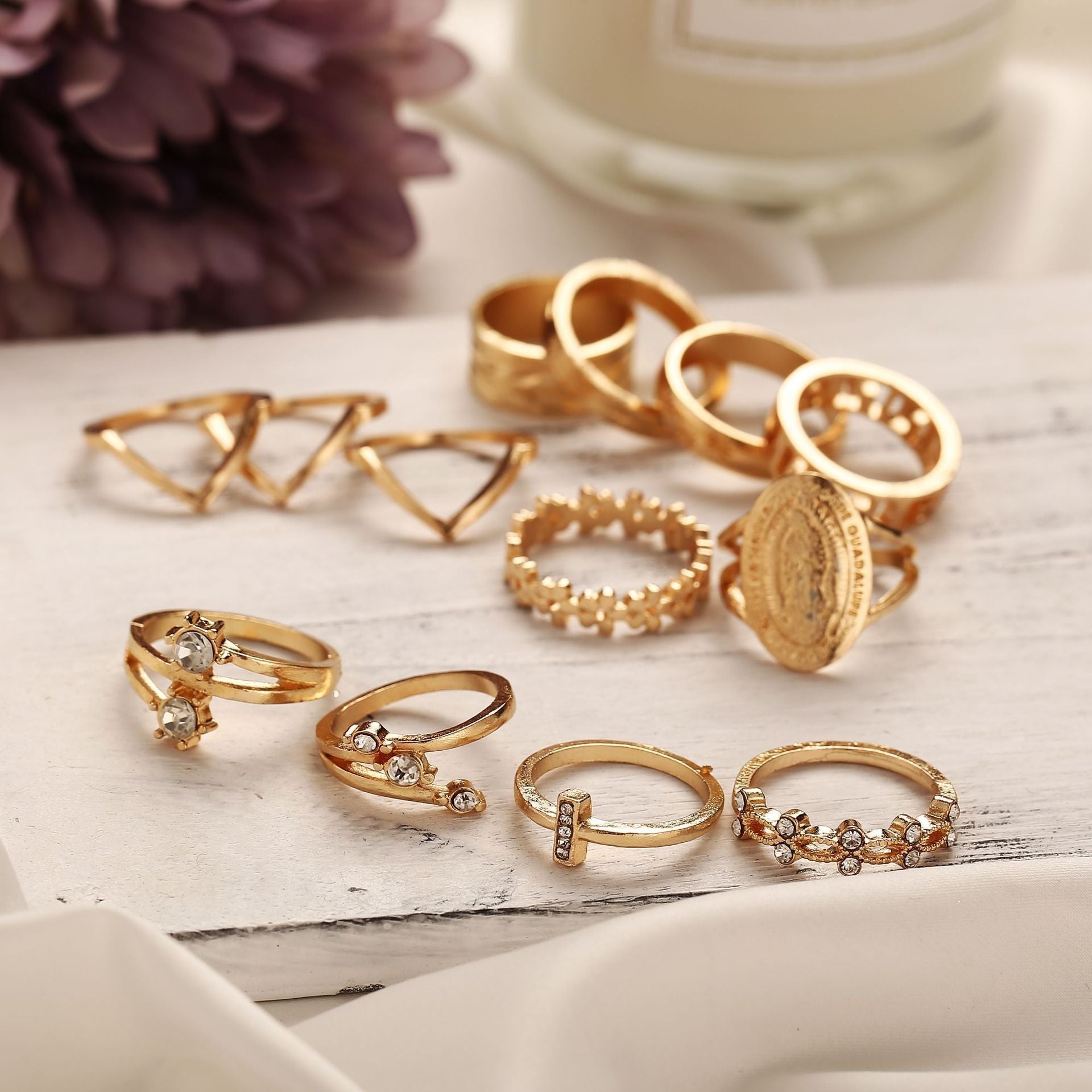 13 Piece Medallion Ring Set With Gemstone  Crystals 18K Gold Plated Ring