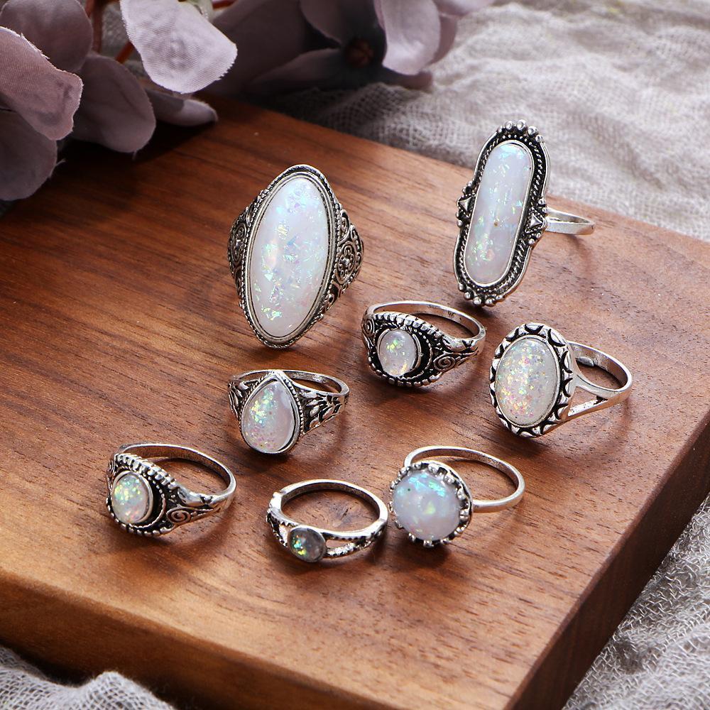 8 Piece Opal Created Oxidized Ring Set With Gemstone  Crystals 18K White Gold Plated Ring