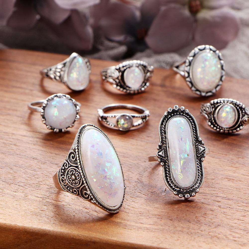 8 Piece Opal Created Oxidized Ring Set With Gemstone  Crystals 18K White Gold Plated Ring