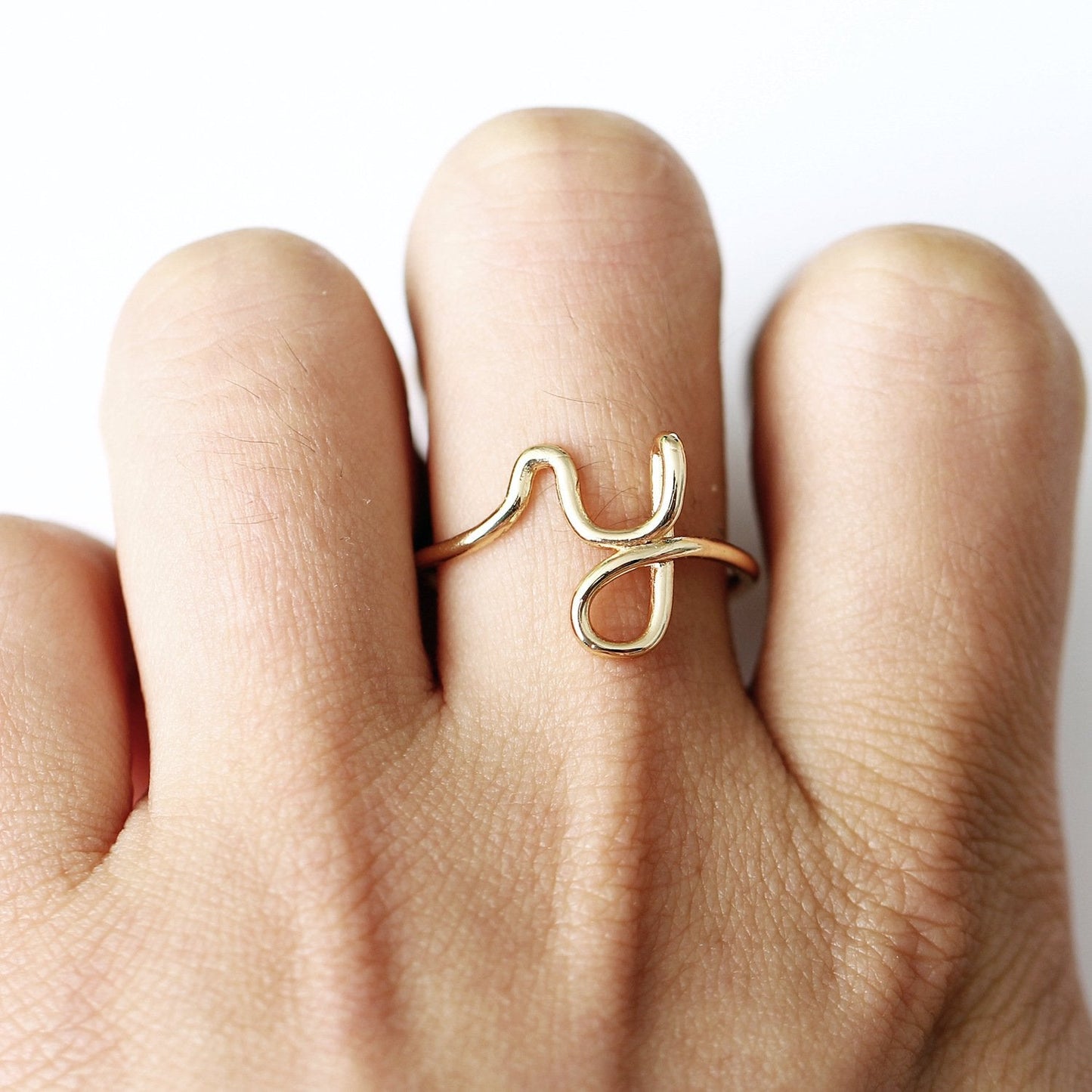 14K Gold Plating Sleek Initial Curved Adjustable Ring