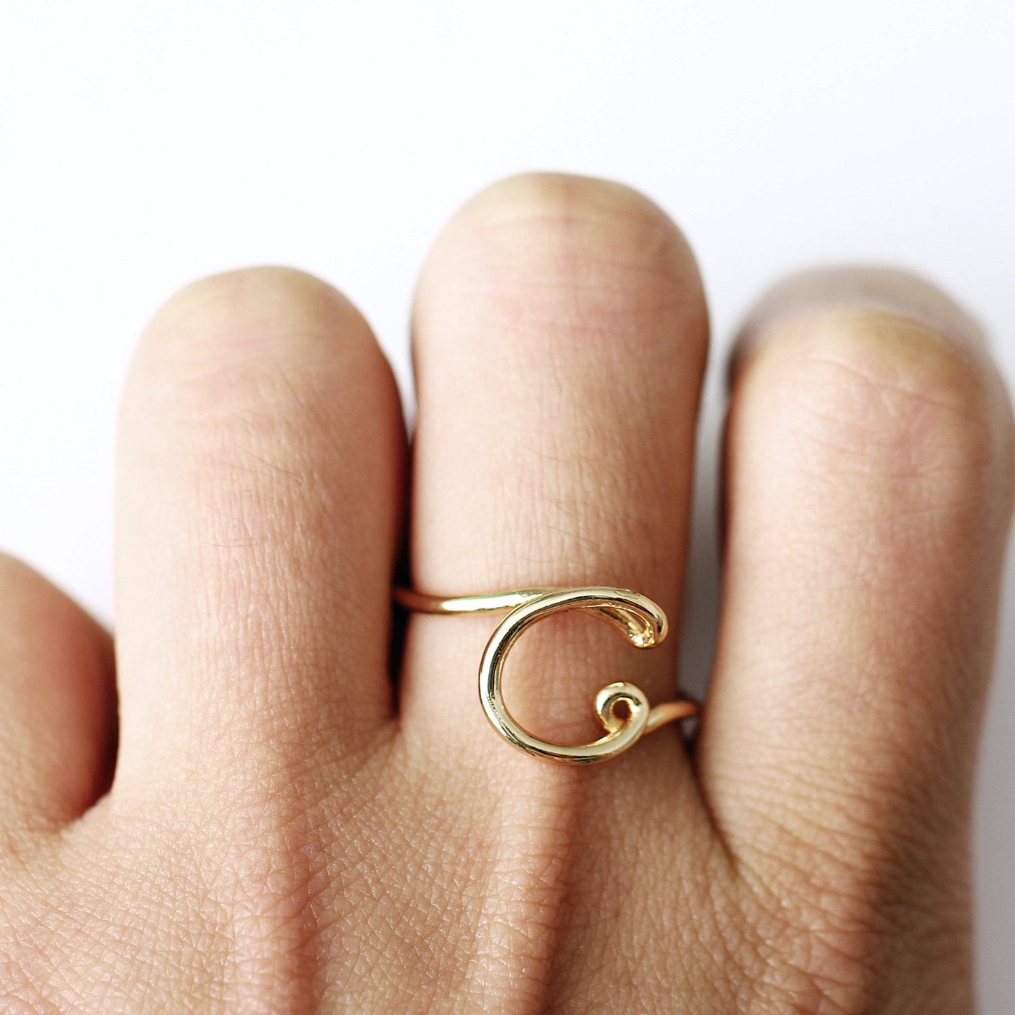 14K Gold Plating Sleek Initial Curved Adjustable Ring