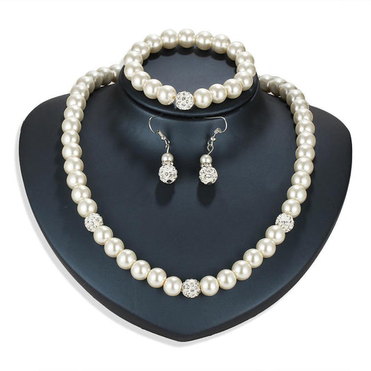 3 Piece Pearl and Shamballa Jewelry Set With Crystals 18K White Gold Plated Set in 18K White Gold Plated