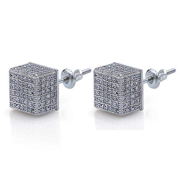 Pave Square Stud Earring Embellished with  Crystals in 18K White Gold Plated