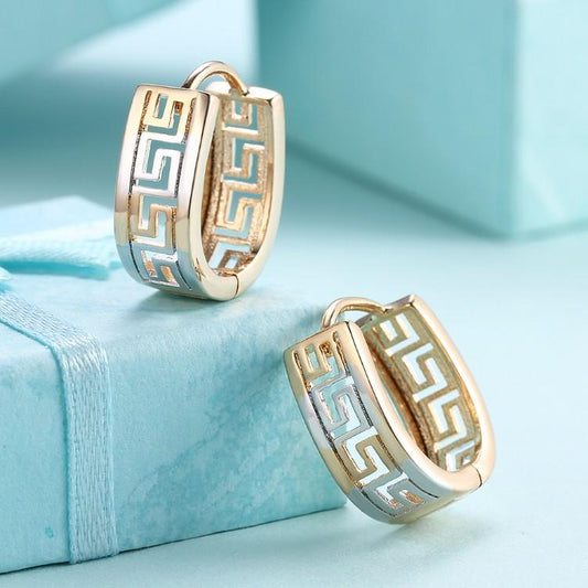 Greek Medallion Duo Toned Huggie Hoop Earrings Set in 18K White Gold - ALILY