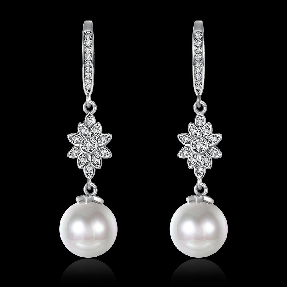 Freshwater Pearl Starburst Drop Earring in 18K White Gold Plated with  Crystals